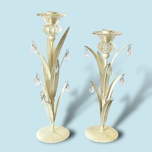 Vintage MCM White Metal Leaf and Prisms Candle Stick Holders Set of 2